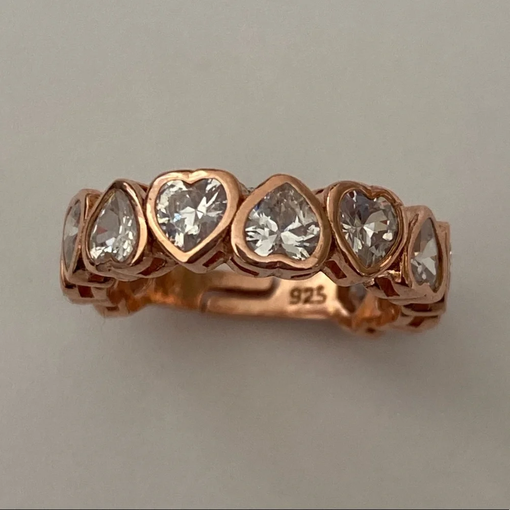 925 silver heart ring 5.5 band size adjustable cz stones 14k rose gold plated